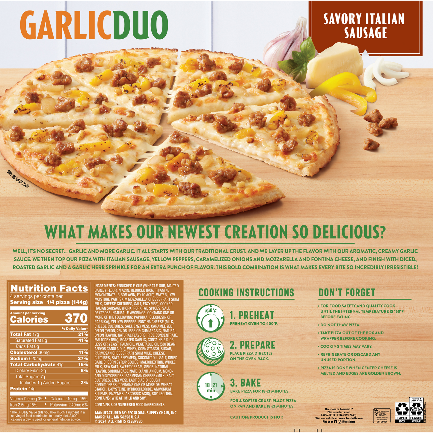 FRESCHETTA® Garlic Duo Sausage Frozen Pizza