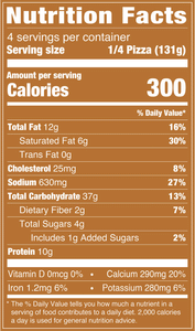 Nutrition Facts % Daily Value: Contribution of a nutrient in a serving of food to a daily diet. General nutrition advice: 2,000 calories per day Serving Size 1/4 Pizza (131g) Servings per Container 4 Calories per Serving 300 Total Fat 12g 16% Saturated Fat 6g 30% Trans Fat 0g Cholesterol 25mg 8% Sodium 630mg 27% Total Carb 37g 13% Dietary Fiber 2g 7% Total Sugars 4g Added Sugars 1g Added Sugars 2% Protein 10g Vitamin D 0 MCG 0% Calcium 290mg 20% Iron 1.2mg 6% Potassium 280mg 6% 