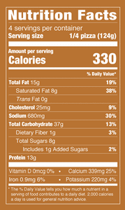 Nutrition Facts % Daily Value: Contribution of a nutrient in a serving of food to a daily diet. General nutrition advice: 2,000 calories per day 8 servings per container Serving size: 1/4 Pizza (124g) Calories 320 per serving Total Fat 14 g 18 % Saturated Fat 7g 36% Trans Fat 0g Cholesterol 30mg 10 % Sodium 690mg 30% Total Carbohydrate 36g 13% Dietary Fiber 2g 6% Total Sugars 4g Includes 1g Added Sugars 2% Protein 12g Vitamin D 0MCG 0% Calcium 340mg 25% Iron 1mg 6% Potassium 250mg 6%